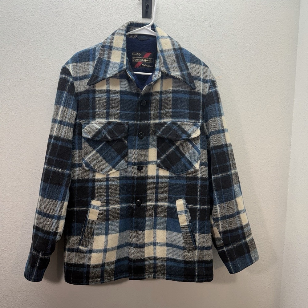 VTG 70s Sears Flannel Jacket Mens 38 Blue Plaid Outdoors Wool Shacket Chore‎ S/M